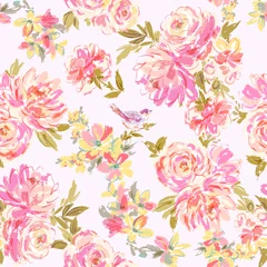  ピンクのバラと草花、鳥のシームレスパターン © Sawango
