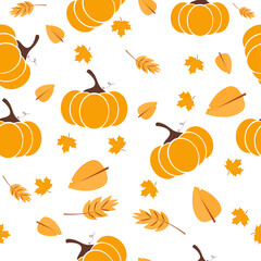 Vector autumn natural pattern with fall leaves, pumpkins and leafs. background. November.