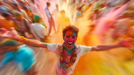 Happy person celebrating at holi color festival. Blur motion effect