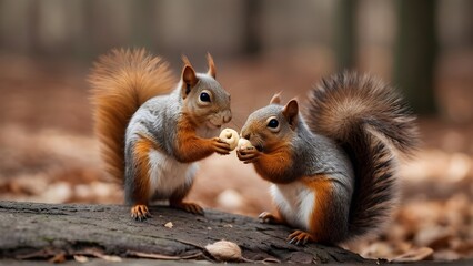Naklejka na ściany i meble Squirrel Sweethearts in the Park, Squirrels sharing a snack in a park setting, generative AI
