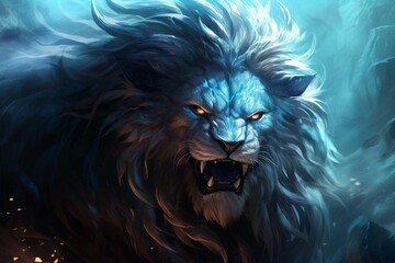 Background displaying a fierce lion with captivating blue eyes. Generative AI