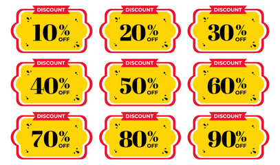 10, 20, 30, 40, 50, 60, 70, 80, 90. Special offer discount with different value percent off. Discount banner shape. Sale coupon Red and yellow. Vector Illustration.