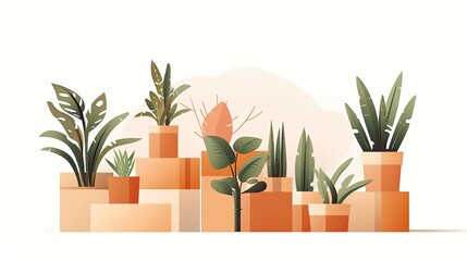 Cardboard boxes and potted plants in room