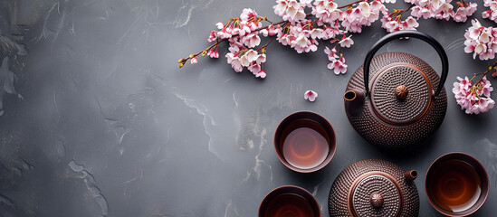 Black iron teapot and traditional ceramic cup of tea with blossom pink flowers cherry branch over gray texture background. Top view with space, Asian style.