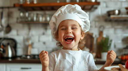child playing with the dough in the kitchen dressed as a chef. Child baking a cake