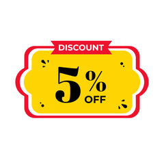 5%, five percent. Discount banner shape. Sale coupon. Red and yellow tag. Special offer badge. Modern concept design. Tag with offer badge. Vector.