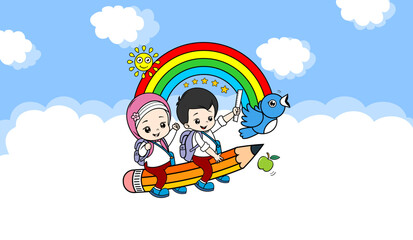 Illustration of school children, happy back to school. Cute cartoon character. Little boy holding stationery, rainbow, sun and flying birds. Template for design, Graphic vector illustration