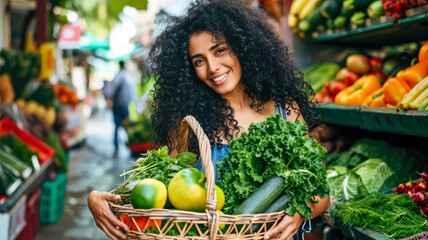 Eine Frau kauft Gemüse und Obst für Veganer und Vegetarische Gerichte. 