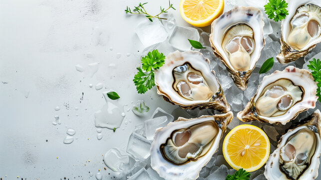Oysters on a white background. Oysters with lemon on a white background. ousters close-up. black and white photo