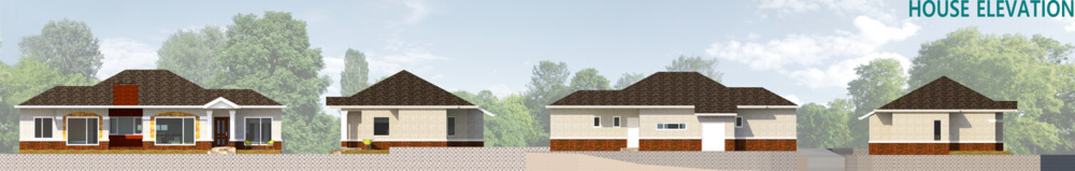 house in the forest, Elevation illustration of a modern house with tile roof and stucco finish