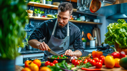 Ein Chefkoch bereitet Gemüse vor. Vegane Küche. - obrazy, fototapety, plakaty