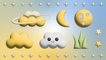 set of Moon, clouds, stars, star sparks and grass 3d element