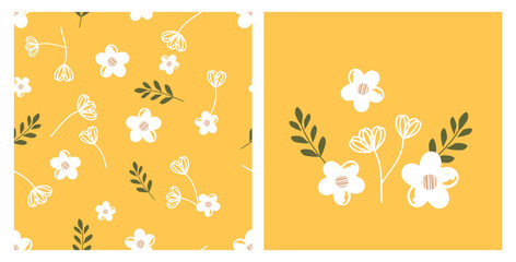 Seamless pattern with daisy flower and branch on yellow background vector illustration.