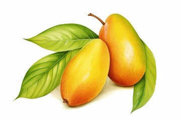Ripe Mango Fruit With Fresh Green Leaves on a White Background