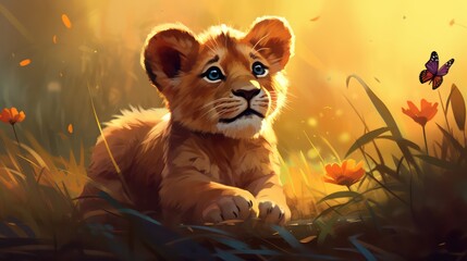 A lion cub lying in grass
