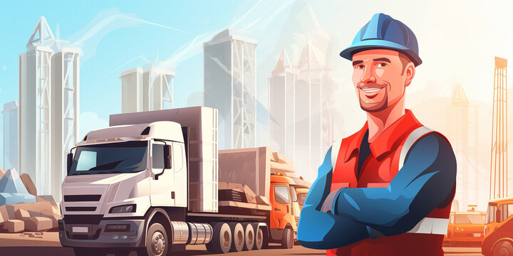 A truck driver, a specialist in uniform in a construction helmet against the background of construction and new houses, transporting construction materials for the construction of buildings