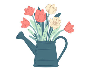 Cute watering can with flowers. Gardening equipment. Botanical, spring design element, sticker © Hanna ArtLab