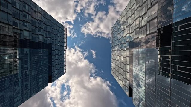Time-lapse of skyscraper buildings in business district, Bucharest city. Clouds on sunny day sky. Low angle view. Romania financial skyline modern architecture concept