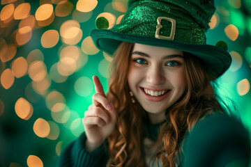 Happy girl wearing shamrock hat and making a finger pointing gesture, Generative AI
