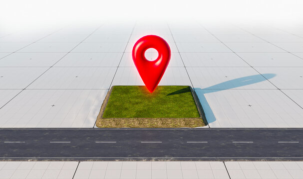 Land for sale and road with location pin icon. Big red map pointer symbol on green grass. Real estate or property investment concept, 3d rendering