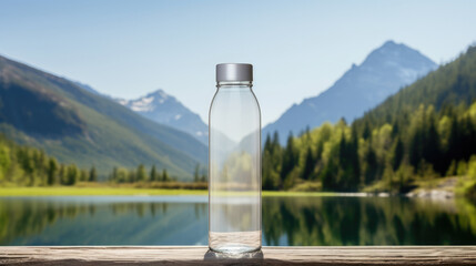 Glass bottle with pure mineral water on the background of mountains and mountain lake - obrazy, fototapety, plakaty