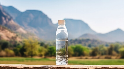 Glass bottle with pure mineral water on the background of mountains and mountain lake