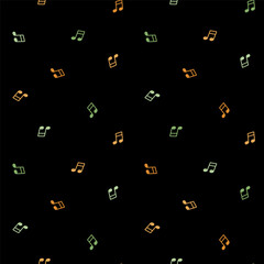 Seamless pattern with colorful musical notes and black background