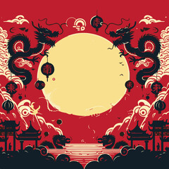 Chinese New Year background with dragon, moon, clouds and lanterns.