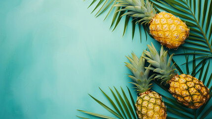 Pineapples and palm leaves on yellow color summer background. Whole tropical summer pineapples fruits and sliced pineapple halves flat lay composition with copy space - obrazy, fototapety, plakaty