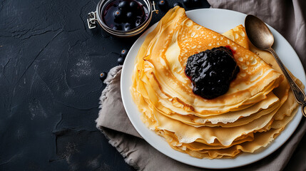 Pancakes stacked on white ceramic plate with honey and blueberry. Tasty breakfast, lunch or snack. Top view, close up - obrazy, fototapety, plakaty