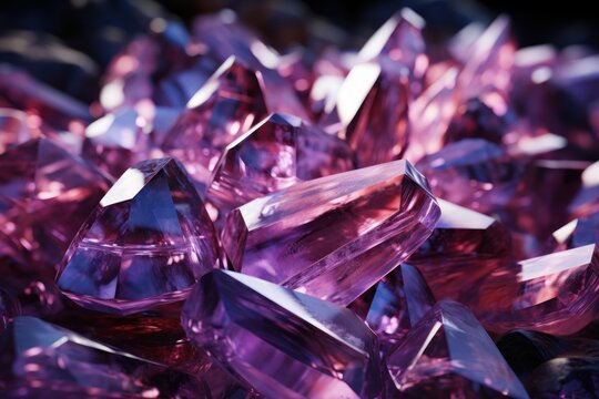  a pile of pink crystals sitting on top of a pile of other purple crystal stones on top of a black surface with a light shining on the top of the crystals.