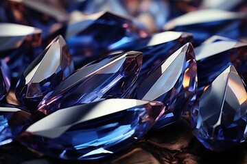  a group of blue diamonds sitting on top of a pile of other blue and white diamonds on top of a pile of other blue and white diamonds on top of wood. - obrazy, fototapety, plakaty