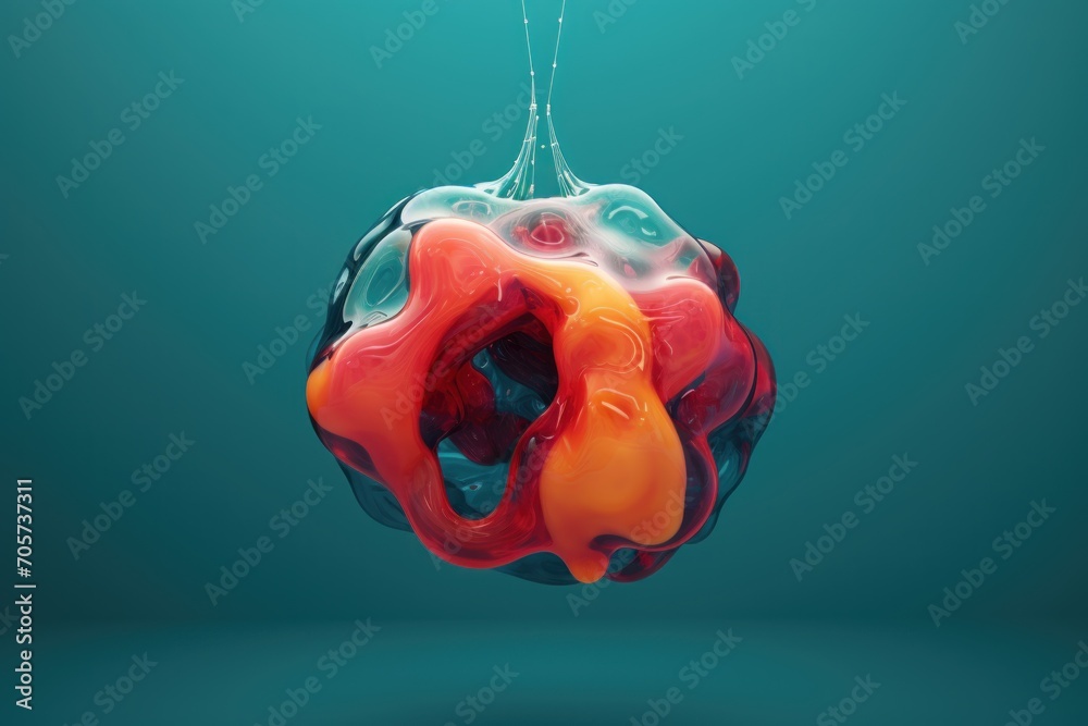 Wall mural  a red, orange and blue object floating in the air with a drop of water coming out of it's center, on a teal background of teal blue.