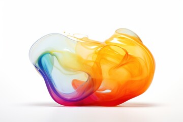  a white background with a multicolored object in the shape of an apple with a drop of liquid coming out of the top of the bottom of the image.