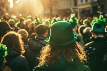 St. Patrick's Day, parade and happy people in green clothes, Ireland