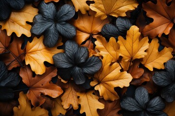  a bunch of leaves that are laying on top of each other on the ground in the fall or fall colors of the leaves are black, orange, yellow, red, and green, and brown.