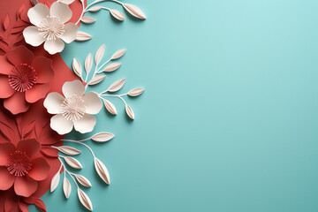 Obraz premium Paper cut flowers and leaves, Fresh spring nature background. Floral banner, poster, flyer template with copy space.