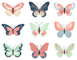 Cute butterflies in pastel colors. Spring and summer elements. Hand drawn illustration.
