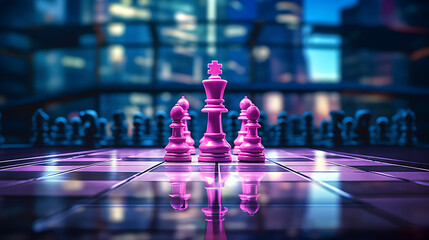 Chess game represent to leader of the game under the concept of business strategy, neon background - obrazy, fototapety, plakaty