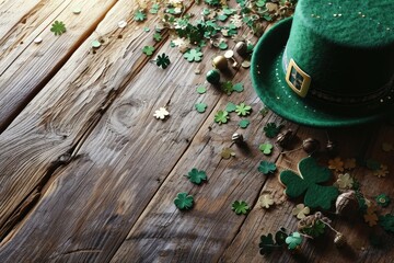 Obraz premium St. Patrick's Day: green hat and several three-leaf and four-leaf shamrocks on a wooden table.