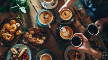 Charming coffee gathering at a rustic table featuring various pastries and multiple coffee cups surrounded by greenery and cozy ambiance in the early morning light