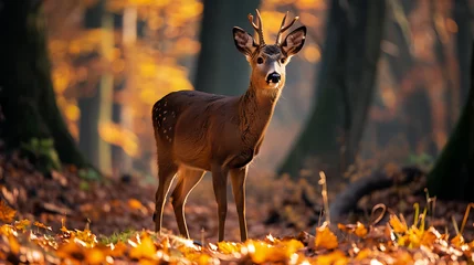 Poster Im Rahmen roe buck standing in the woods with autumn leaves            © UKIYO-4s