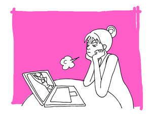 インターネットでスタイルの良いモデルを見て羨ましがる女性、無色