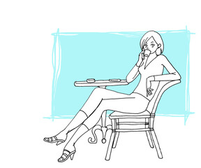 カフェでコーヒーを飲みながら休憩する女性、無色