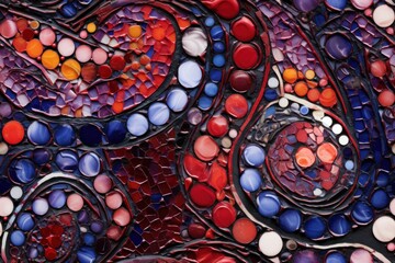  a piece of art made out of many different colored circles and circles of different shapes and sizes, all on a surface of multicolored glass, with a pattern of red, blue, orange, red, white,.