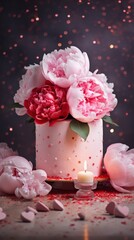 A white cake with pink flowers and a lit candle