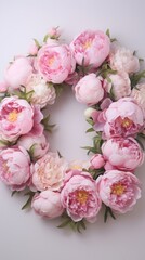 A wreath of pink and white peonies on a white surface