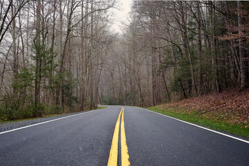 A winding road through the Smoky Mountains during a little snow. 