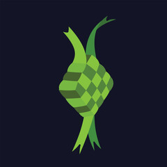 Green ketupat lebaran from slightly diagonal side view vector illustration flat style isolated on square dark background. Simple flat color art styled ramadhan decoration themed drawing.