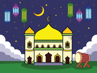 Outlined mosque islamic masjid ramadhan themed with night sky landscape vector illustration. Mosque or masjid, lanterns, moon, beduk drawing. Simple flat outlined cartoon styled drawing.